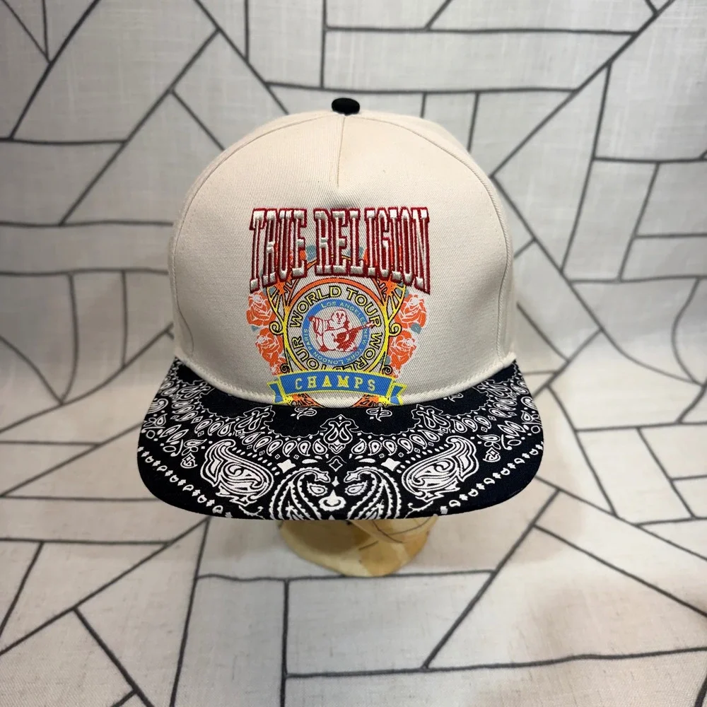 True Religion Snapback Hat OS Cream Paisley Bandana World Tour Champs Cap